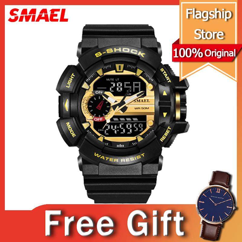 SMAEL Sport Watch for Men Jam Tangan Lelaki Multifunctional New Waterproof Stopwatch Dual Display LED Light Shock Resistant Large Dial Watches Rubber Strap Watch Black Malaysia