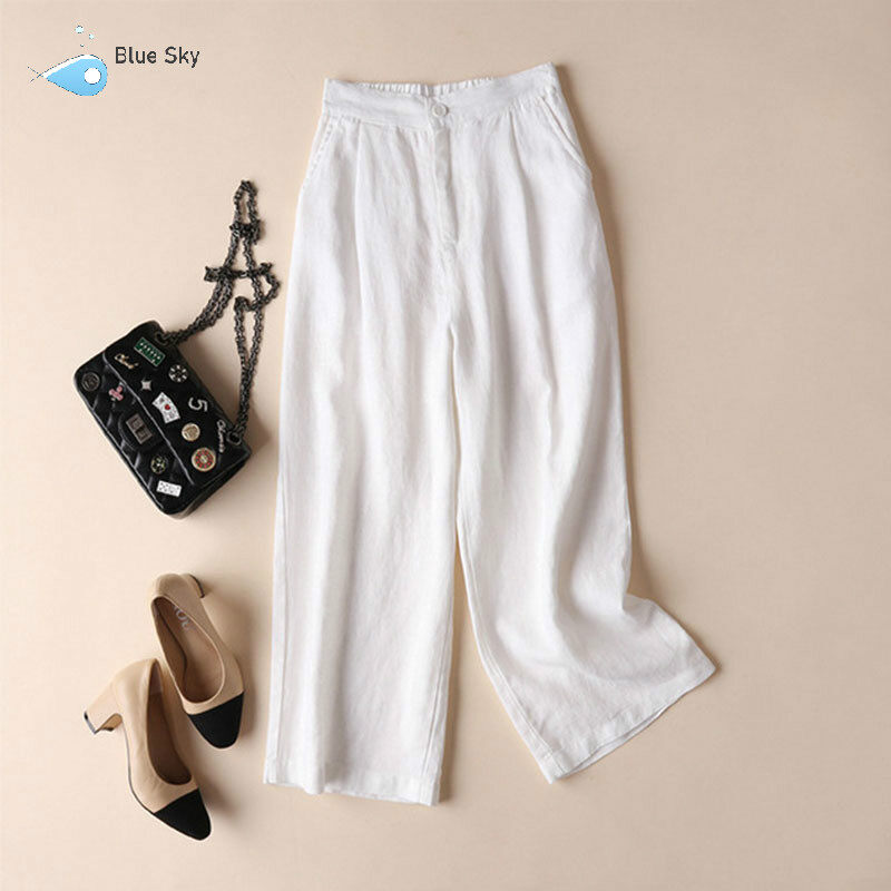 Cotton and linen women's wide-leg pants, linen thin casual pants, OL professional women's pants, loose cropped trousers