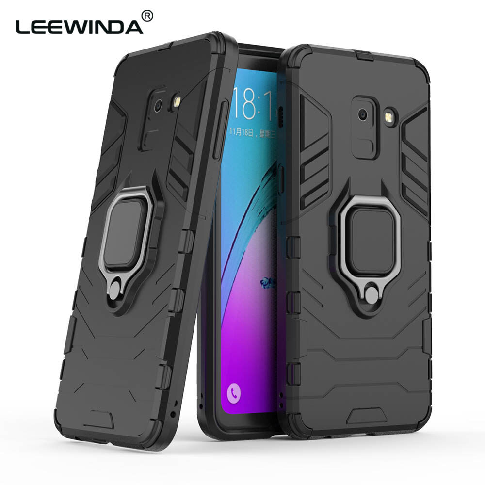 LEEWINDA For Samsung Galaxy A8 2018 Phone Case, Silicone TPU And Hard PC Luxury Armor Shockproof Metal Ring Holder Cover