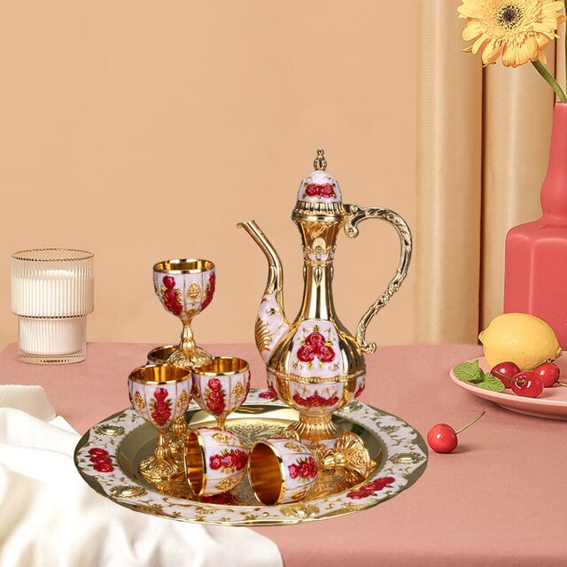 8 Pack Vintage Coffee Tea Pot Set, Antique Metal Teapot Cup Set, Wine Decanter For Home Tea Table Decor, Wedding Gift