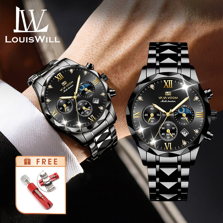 LouisWill watch for mans Men Watch Men's Fashion Simple Double Calendar Design Waterproof Steel Band Watch Waterproof Quartz Watch Fashion Men Watches Luxury Men Watch Business Casual jam tanggan lelaki