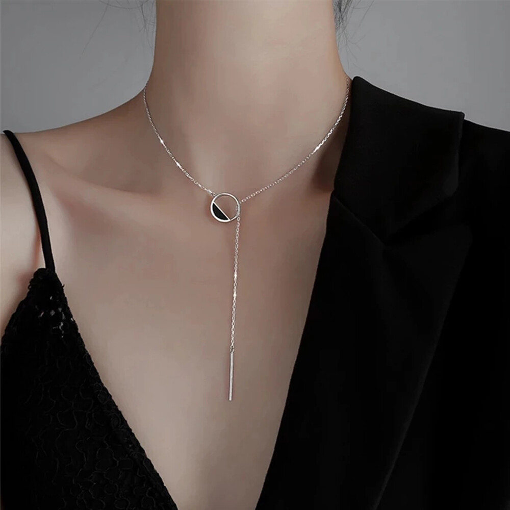 Accessories Girls Silver Black Temperament Circle Women Jewelry Clavicle Chain Tassel Pendant Sweater Chain Round Necklace