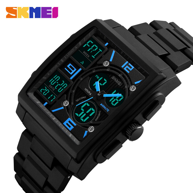SKMEI Men Square Sports Watches Fashion Digital Countdown Watch Dual Display 3 time Chronograph 50M Waterproof Wristwatches 1274