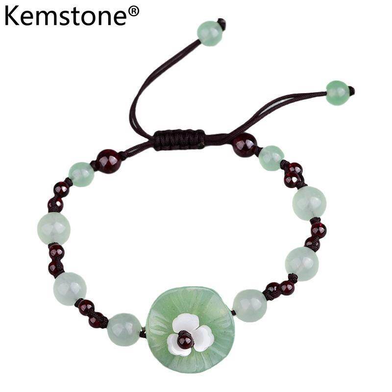 Kemstone Fashion Green Jade Beads Flower Adjustable Bracelet Jewelry Gift for Women Girls