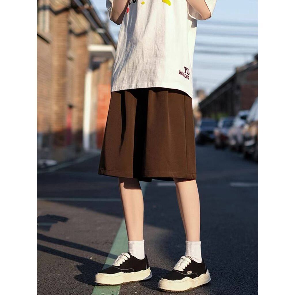Hong Kong style cargo shorts coffee color chic trendy men summer loose large size casual sports five-point pants