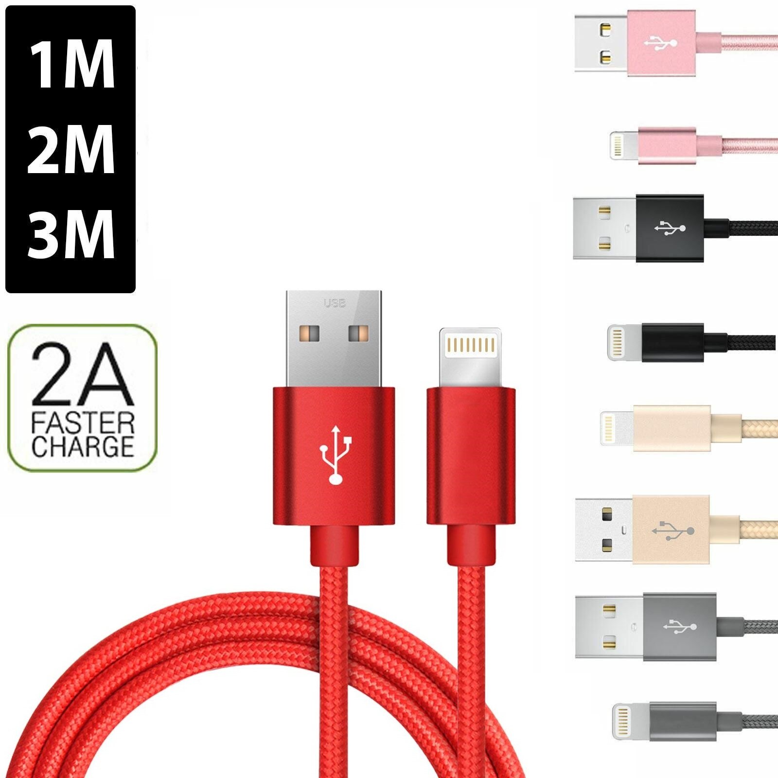 [SONGFUL] 1M/2M/3M Colorful Heavy Duty Metal Braided Lightning USB Charger Cable Fast Charging Cord compatible with iPhone 11 X 8 7 6 Plus 5s SE iPad Sync Data USB Charger Cable