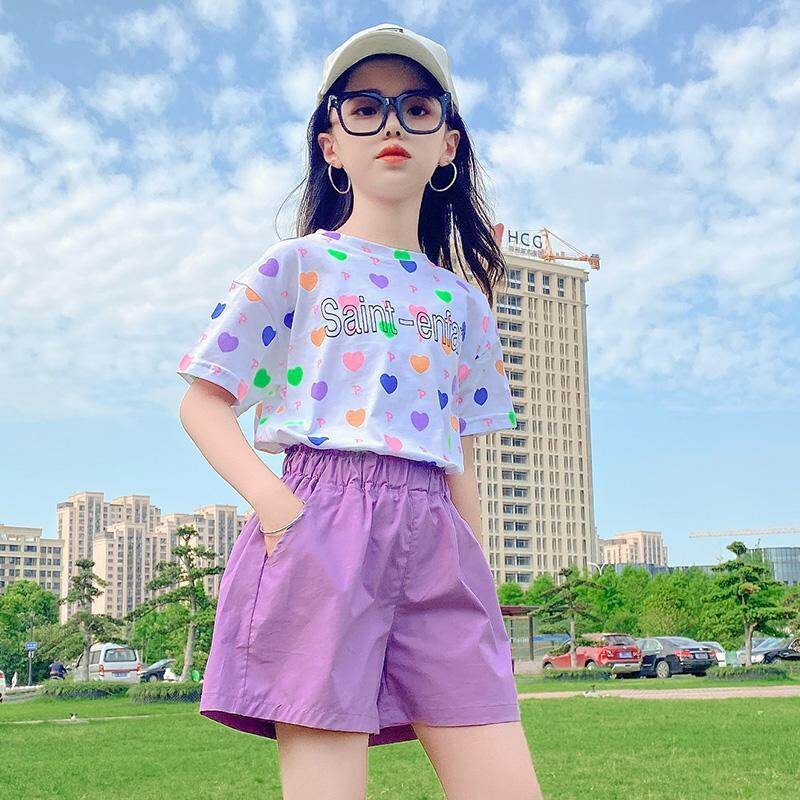 Girls summer short-sleeved suit 2022 new middle-aged children's summer style children's clothing summer fashion fashionable clothes