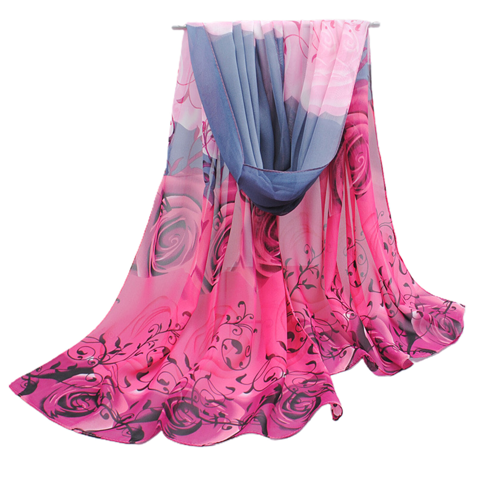 Classic Rose Print Women Thin Summer Sunscreen Beach Towel Long Chiffon Scarf