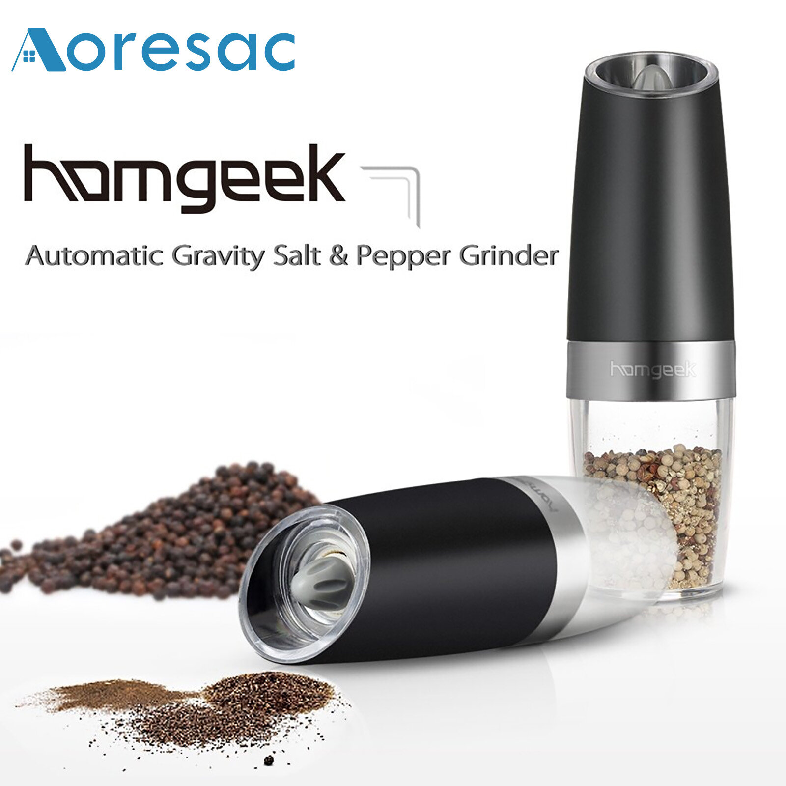 Homgeek Portable Automatic Electric Gravity Pepper Grinder Blue LED Light Salt Mill Muller BPA Free Kitchen Seasoning Grinding Tool Black