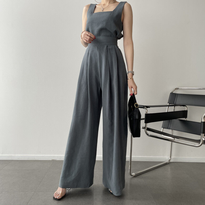Alisa.Sonya Women Korean style Women's Casual Outfits Solid Color Sleeveless Cottonfabric Top and High Waist Wide Leg Pants Set jumpsuit for women