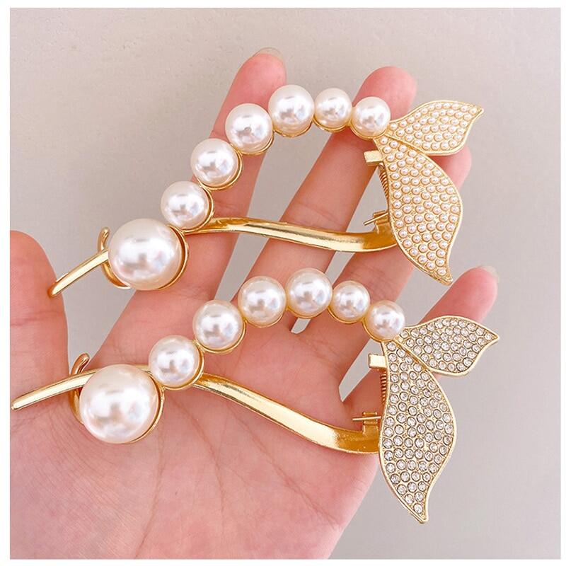 Fashion Pearl Rhinestone Mermaid Fishtail Metal Curved Hair Clip for Women Elegant Large Hair Claw Clamp Headwear Hair Accessories