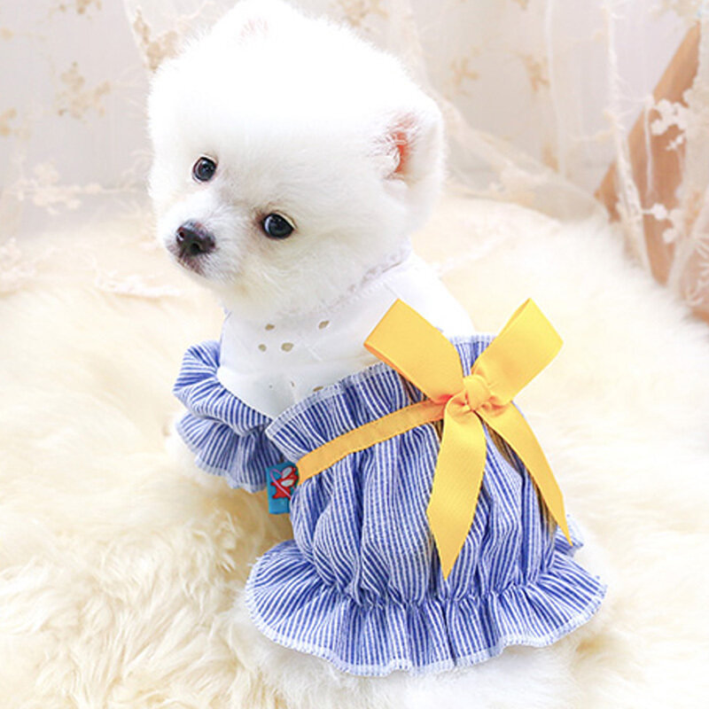 Kakaoppa Hàn Quốc Làm Mới Phong Cách Chó Ăn Mặc Sọc Cổ Áo Ren Ruffle Tay Áo Nụ Áo Len Với Ruy Băng Lớn Màu Vàng Nơ Cho Nữ Mèo Chó Shihtzu Teddy Chow Pomeranian
