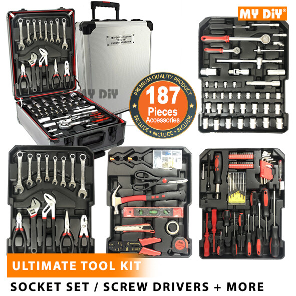 MYDIYHOMEDEPOT 187PCS TOOL SET KIT IN ALUMINIUM LUGGAGE TOOL BOX