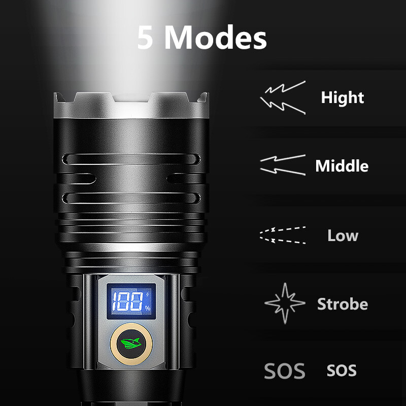Mỉm cười cá mập sd5500 torchlight M80 10000lumens Đèn pin siêu sáng LED với hiển thị điện 26650 USB rechargeabletorch ánh sáng không thấm nước nhà khẩn cấp ngoài trời chó đi bộ cắm trại hking đèn câu cá đèn