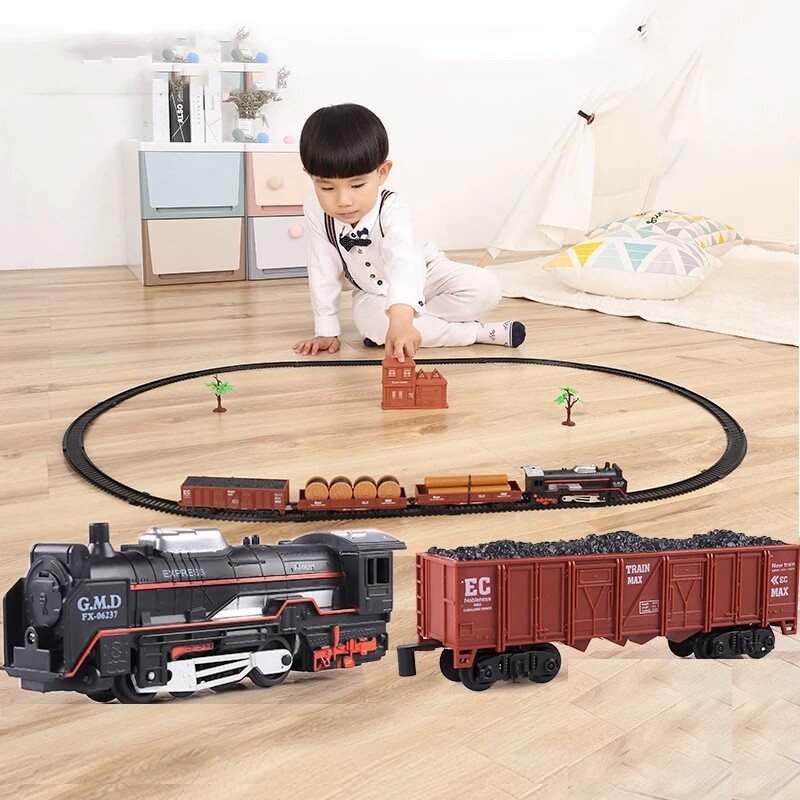 CONUSEA Battery Operated Railway Classical Freight Train Locomotive Playset Simulation Model Electric Train Toys