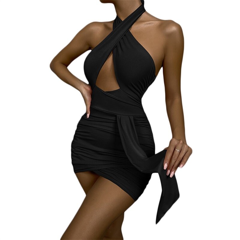 2022 Summer Womenoomph Sleeveless High Waist Bodycon Dress Backless Solid Color Cross Halter Neck Pleated Mini Dress Pink Black