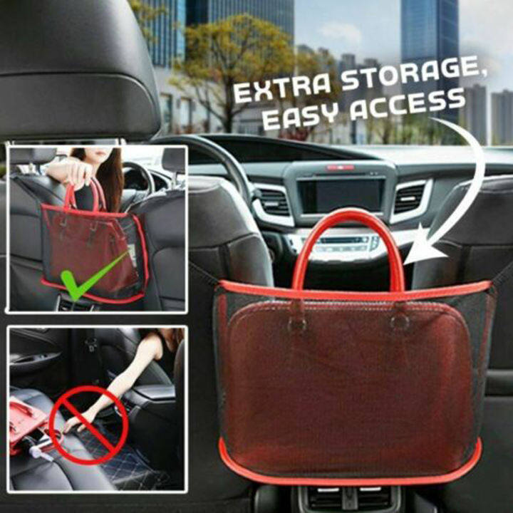 Handbag Holder Attaches to Headrest Car Net Pocket Handbag Holder Car Hooks for Purses and Bags Front Seat Black Seat Back Organizer -Driver Storage Netting Pouch Handbag Holder for Car