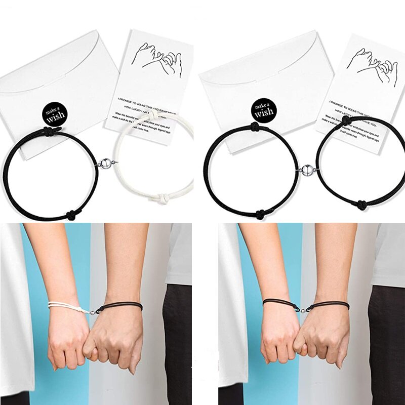 2 pieces Solid color couple magnetic bracelet 2Pcs Fashion Couple Bracelet Lovers Matching Friendship Adjustable Rope Braided Distance Magnetic Jewelry Lover Jewelry Kit Lucky Braslet Valentine's Day gift anniversary