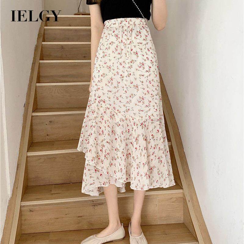 IELGY Korean version high waist irregular ruffled mid-length floral chiffon skirt women