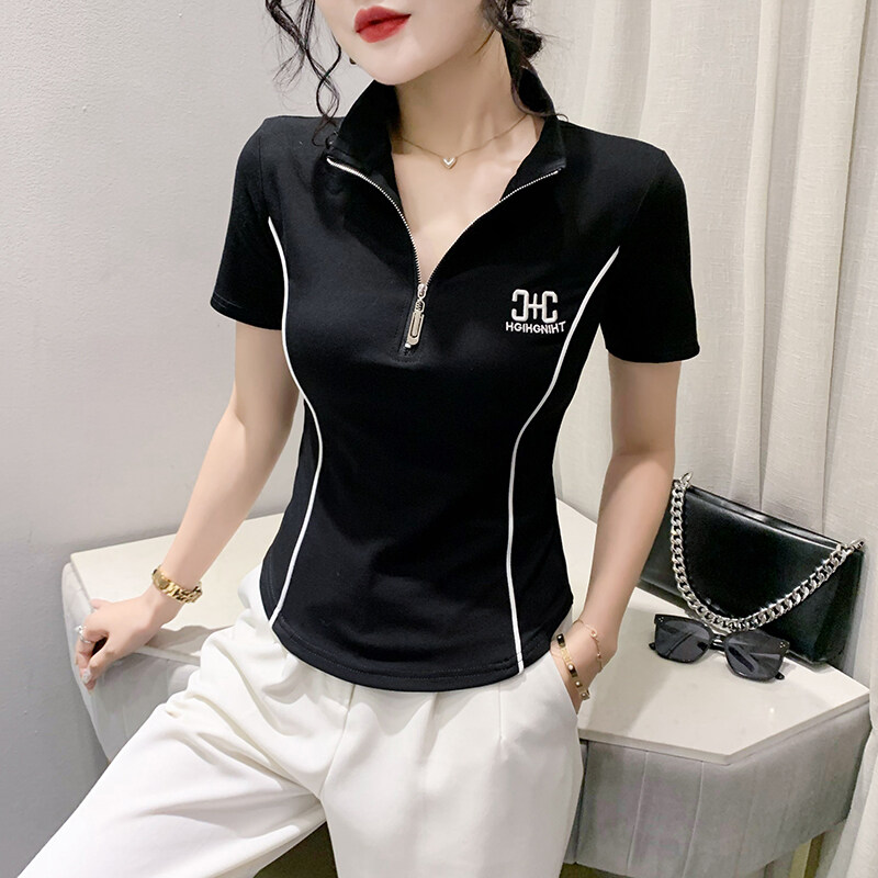 YIMEI Áo Thun Nữ Cay Quảng Châu Đẹp Áo Cotton 2023 Có Khóa Kéo Ngắn Tay Mùa Hè Mới Cổ Áo Cao Áo Thun Nữ Nước Ngoài Phiên Bản Hàn Quốc