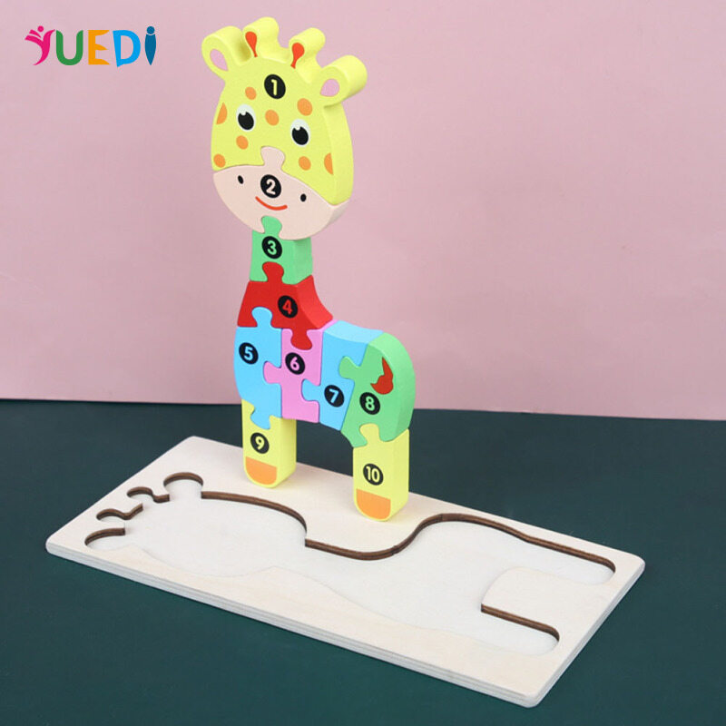 Children Wooden Three-dimensional Digital Building Blocks Puzzle Cartoon Jigsaw Puzzle Educational Toy For Toddler