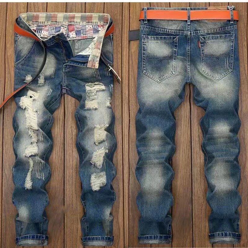 Skinny Jeans Men Denim Ripped Spijkerbroeken Heren Biker Stretch Pants Slim Fit Men'S Trousers Fashion