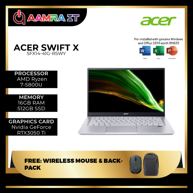 ACER SWIFT X SFX14-41G-R5WY (R7-5800U, 16GB, 512GB SSD, RTX3050Ti_4GB, 14.0 FHD, BLUE-W10, H&S) Malaysia