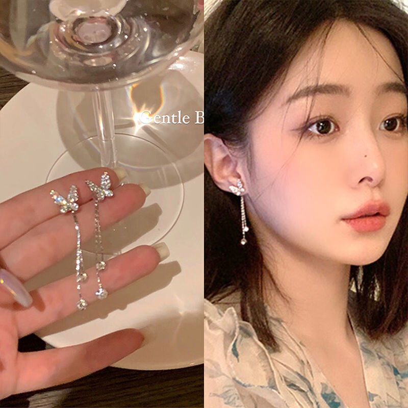 Butterfly Tassel Earrings Rhinestone Butterfly Fashion Stud Earrings