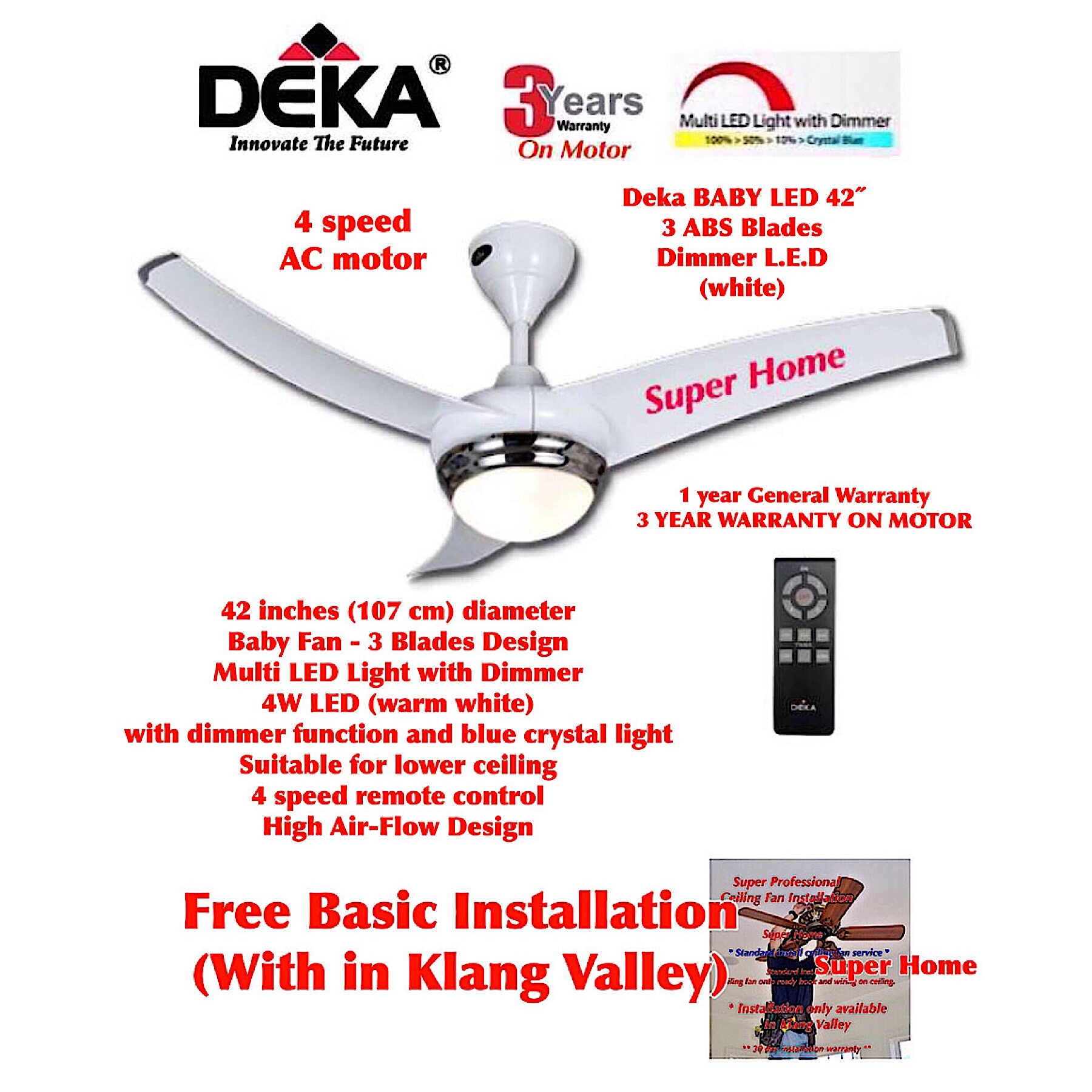 Deka BABY LED (WH) 42 inch 3 Blades Baby Fan Remote Control Ceiling Fan