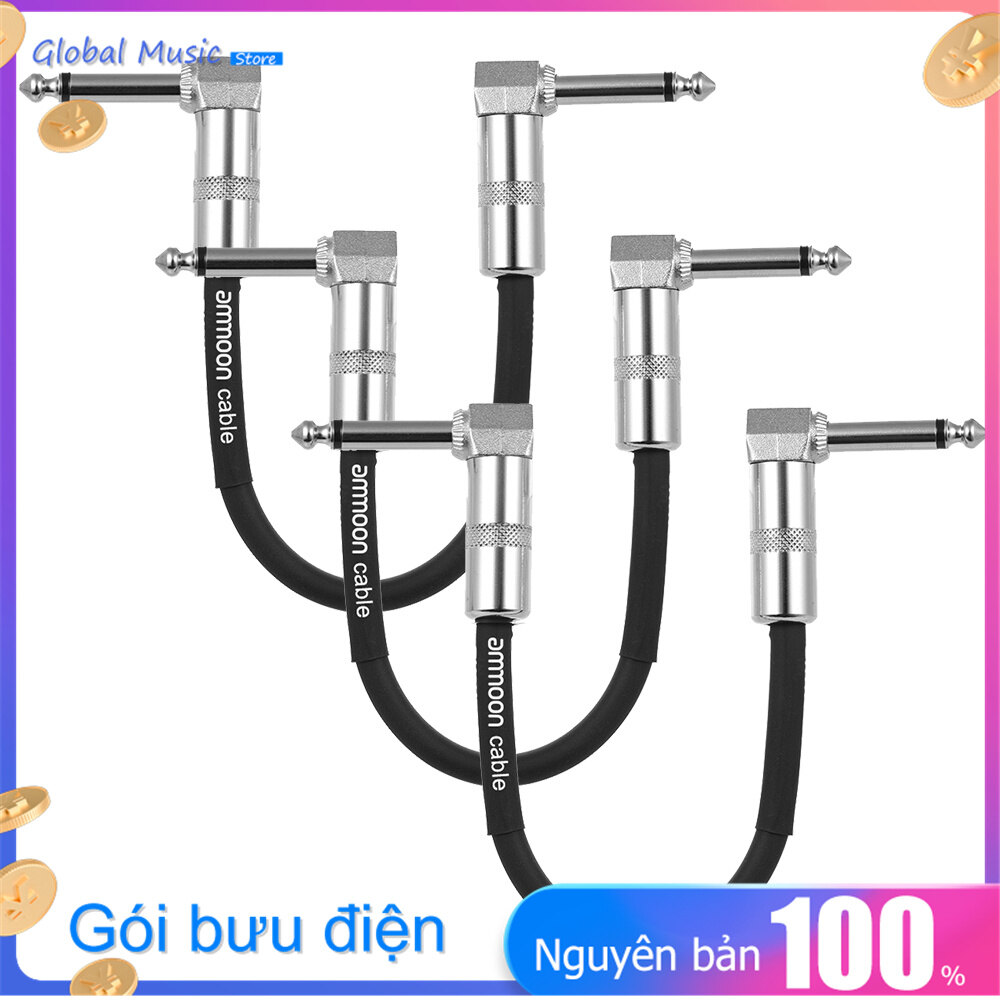 3-pack guitar effect pedal instrument patch cable 15cm/ 0.5ft long with 1/4 inch 6.35mm silver right angle plug black pvc jacket