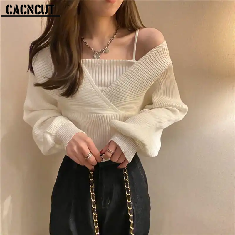 CACNCUT New Korean Style Sweater V-collar Fashion 2 Pieces Sweater Solid Color Knitting Sweater Women
