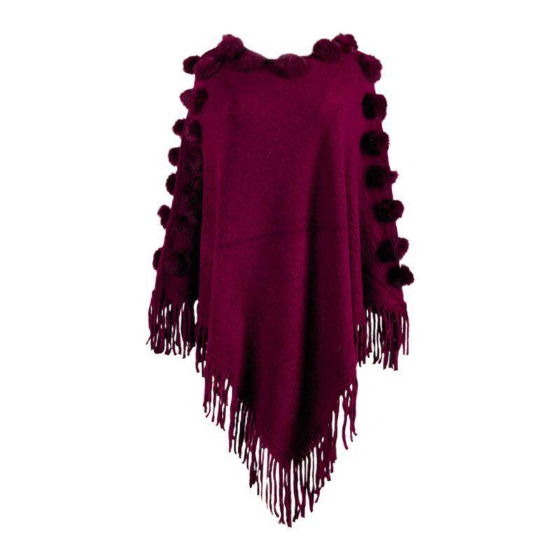 Women Winter Knit Pullover Sweater Top Cute Fluffy Pompom Fringe Tassels Hem Shawl Wrap Irregular Poncho Cape Cloak