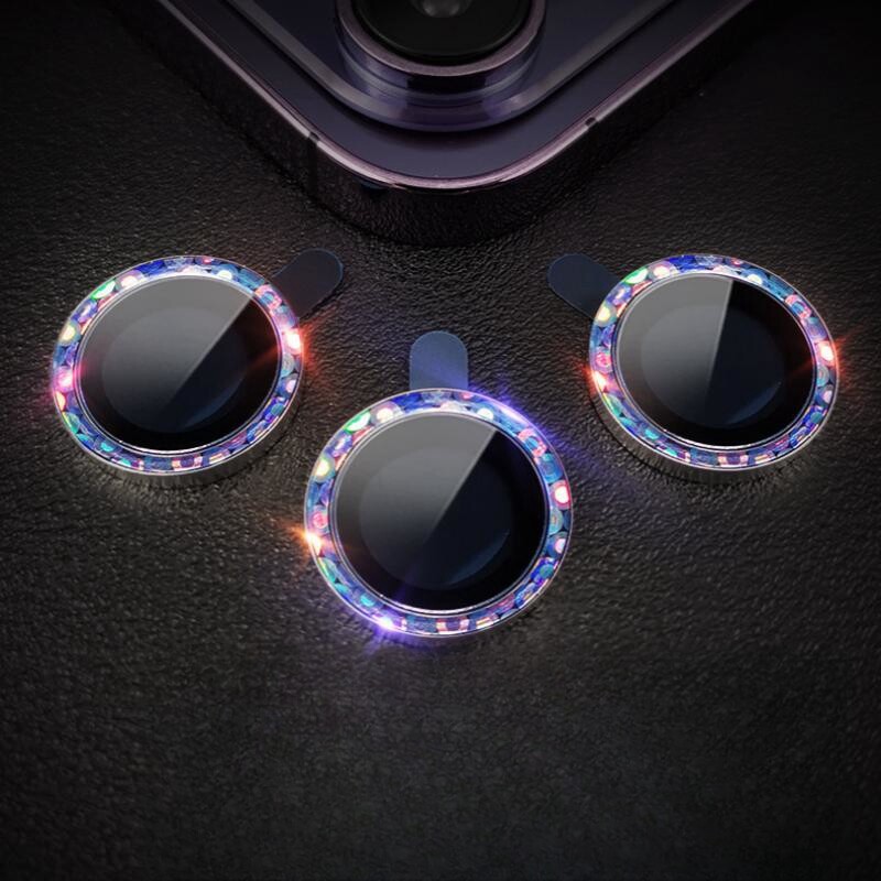 Kingzalin Single Lap Bling Diamond Camera Lens Protector For iPhone 14 Pro Max 14 Plus 13 Mini 12 Pro Max Sparkling Metal HD Tempered Glass Lens Film For iPhone Series