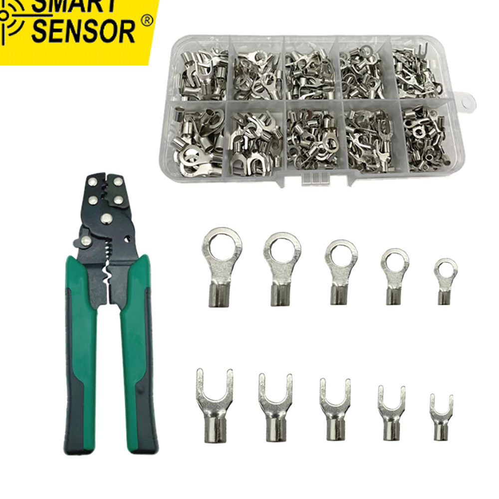 Smart Sensor 320pcs Crimp Terminal with Pliers Set 10-in-1 Crimp Terminals Kit U Shaped O Shaped Cold Pressed Bare Terminals Box