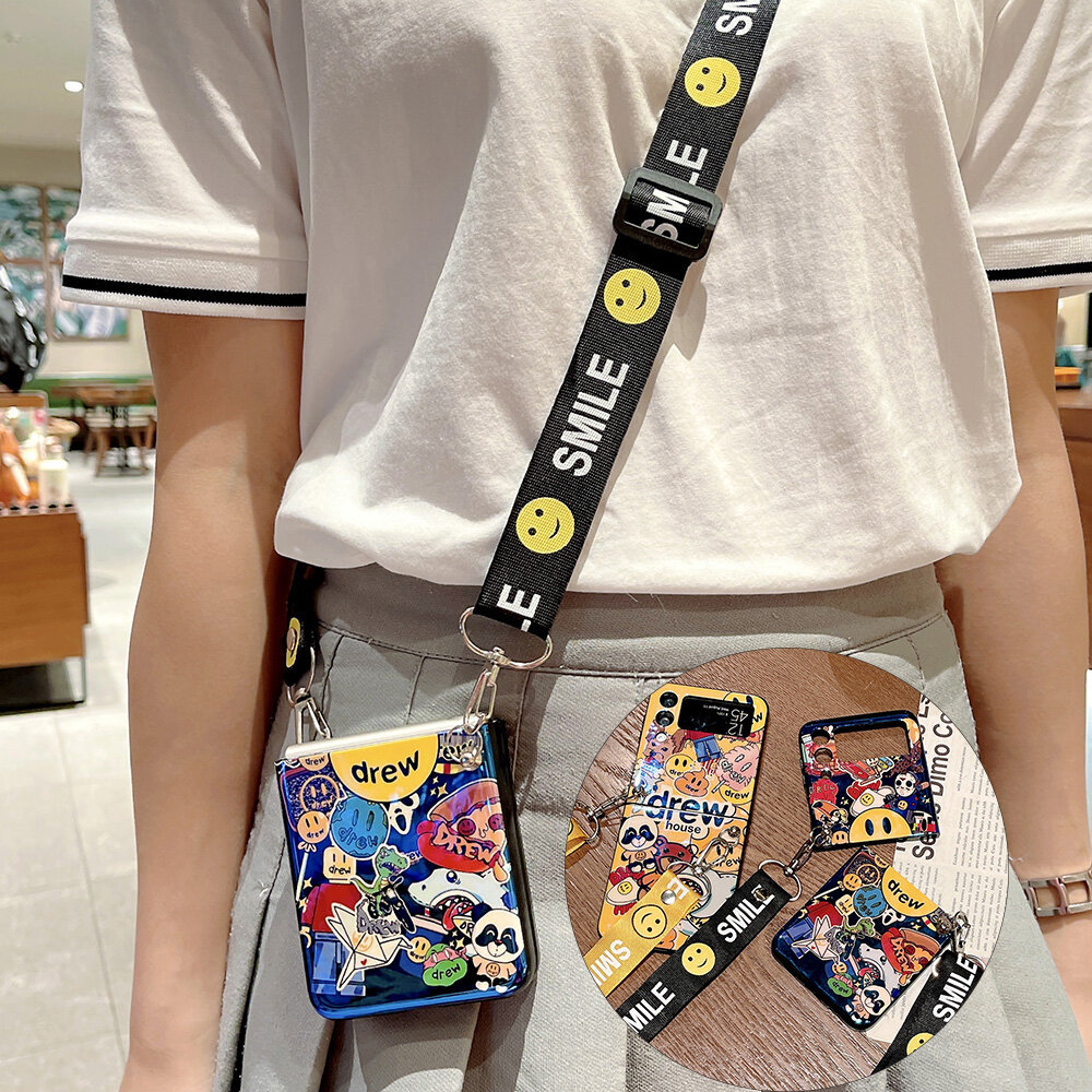 For Samsung Galaxy Z Flip5 Z Flip4 Z Fold4 Z Flip3 5G Z Flip2 Z Flip Case Cartoon Sling Case Full Coverage Casing Crossbody Strap Ribbon Protect Hinge Shock Resistant Lanyard Hole Slim Design Thin