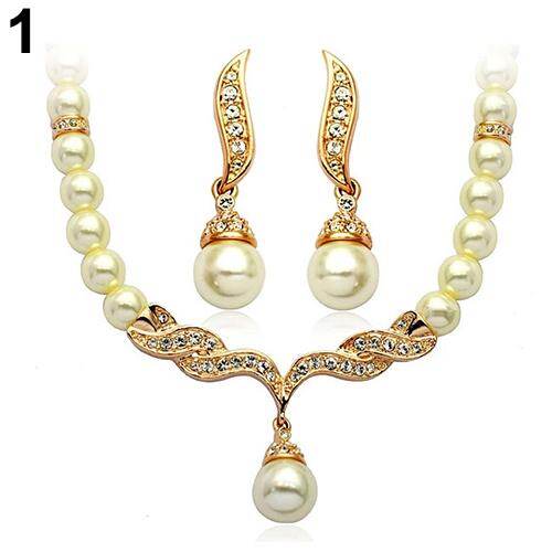 Bridal Wedding Angel Wings Faux Pearls Necklace Studs Earrings Jewelry Set