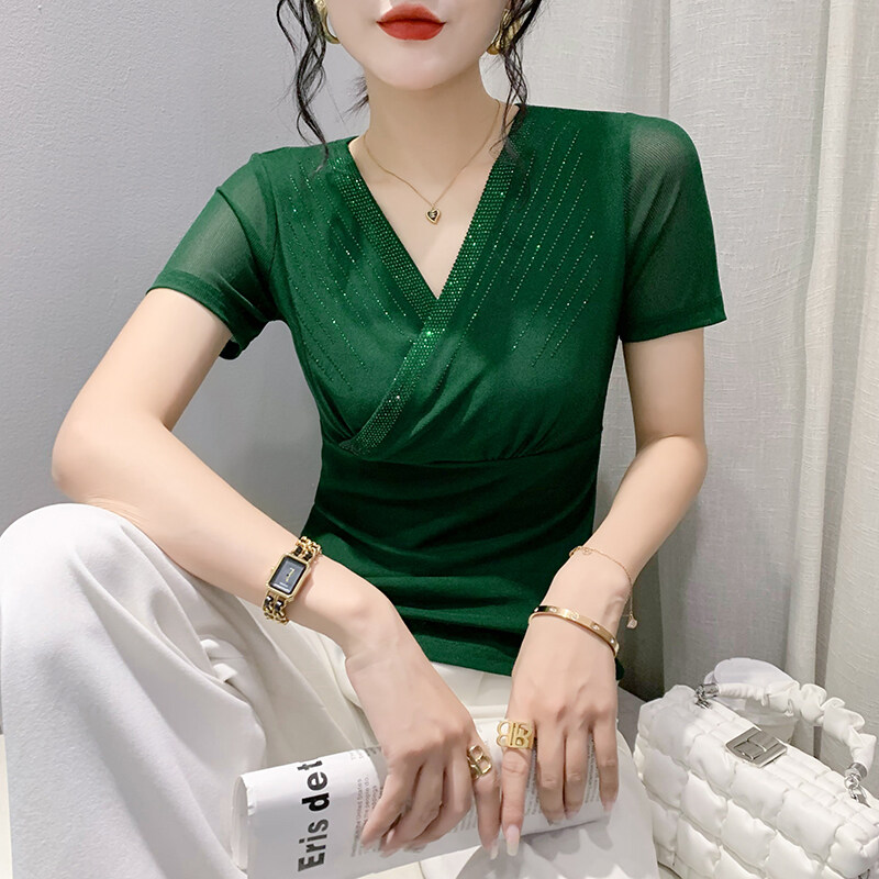 YIMEI Áo Thun Nữ Đẹp Quảng Châu Áo Phông Tay Ngắn Cổ Chữ V Kim Cương Nổi Bật Áo Phông Lưới Hở Áo Lót Cà Phê Thời Trang Nữ Ôm Vừa