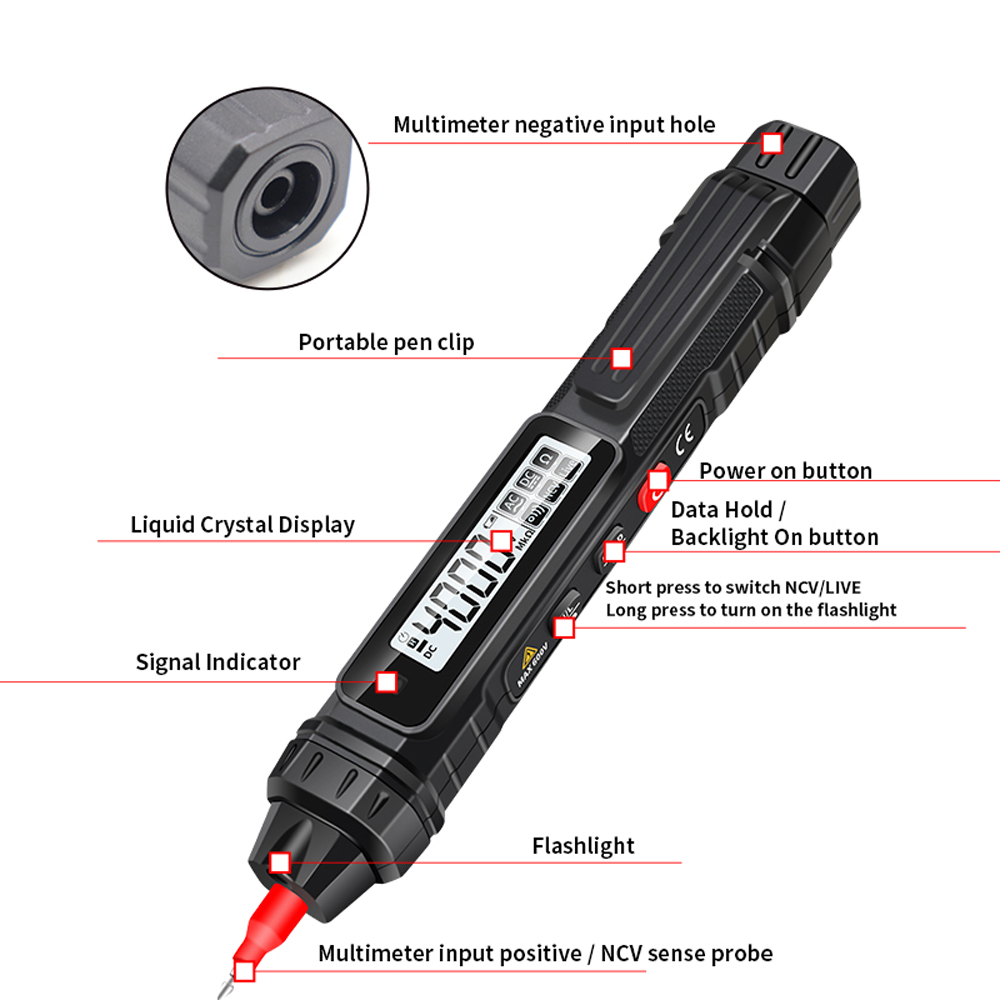 2in1 Electric Test Pen Digital Multimeter Professional Voltage Current Resistance Measurement Test Meter Live Wire Recognition Data-hold LCD Display Tester