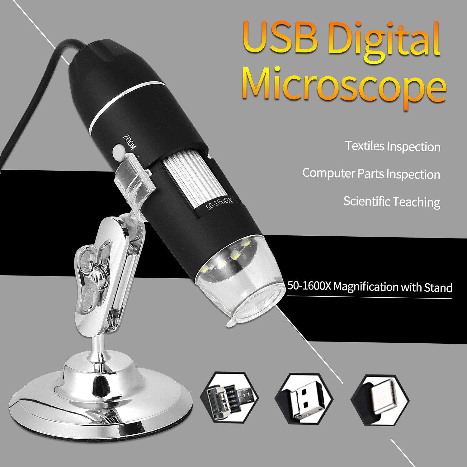 Cảm biến thông minh 1600x USB thu phóng kỹ thuật số kính hiển vi phóng to với chức năng OTG 8-Đèn LED kính lúp độ phóng đại với đứng