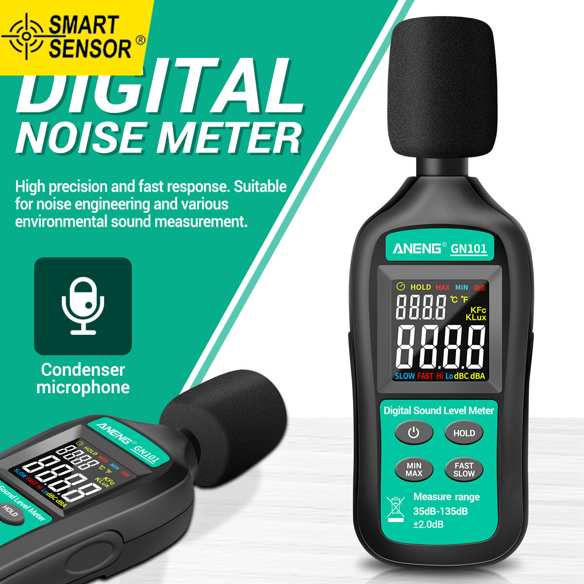 Smart Sensor Digital Noise Meter 35db-135db Decibel Meter LCD Display Sound Level Meter High-precision Sound Decibel Monitor Professional Noise Tester Household Noise Measuring Instrument with Condenser Microphone