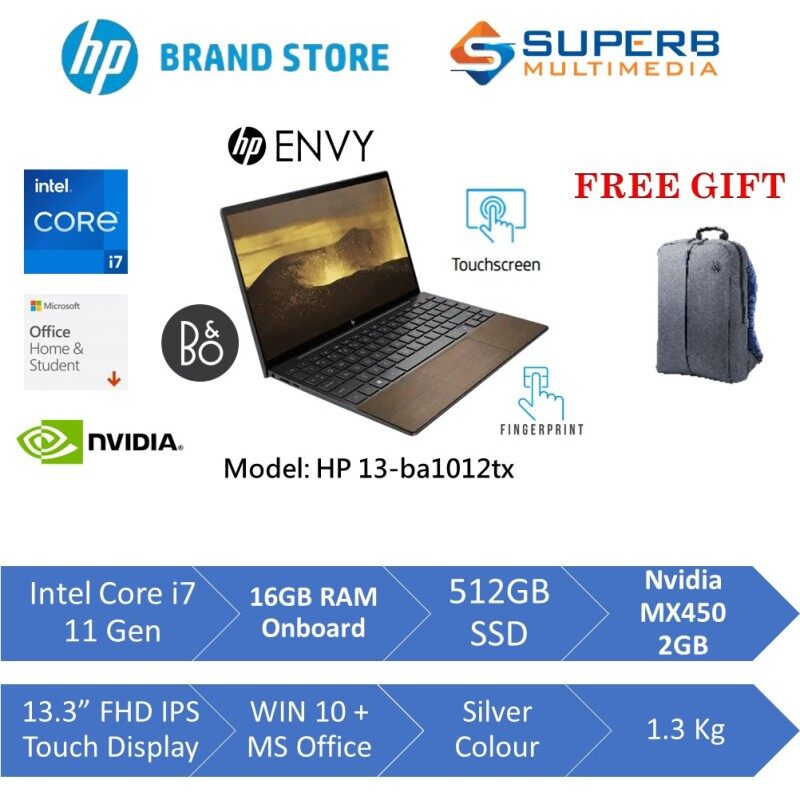 HP ENVY 13-ba1012tx laptop (Intel core i7 11gen, 16gb ram, 512gb ssd, Nvidia mx450 2gb, 13.3 FHD TOUCH, win10, OPI, Black) Malaysia