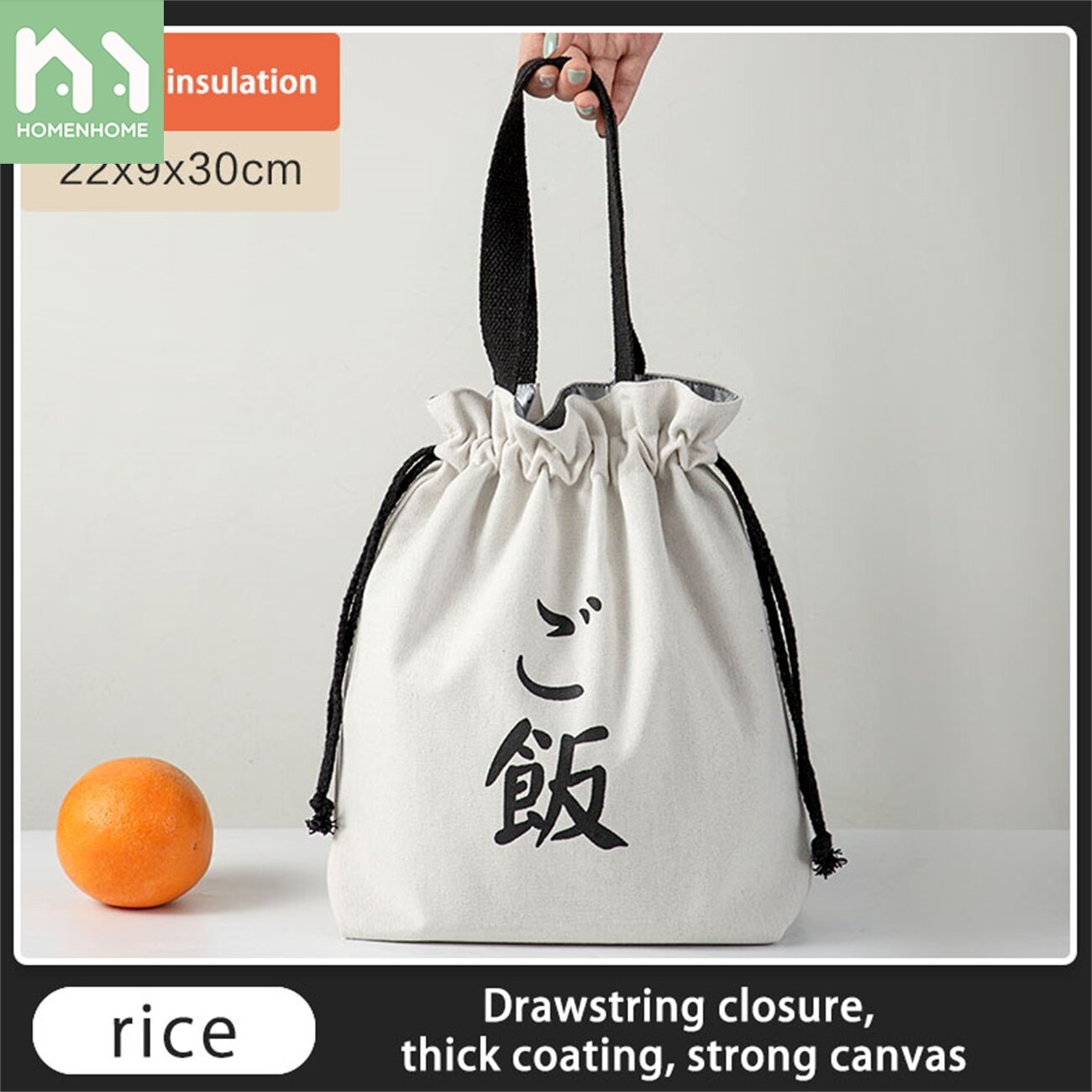 Homenhome Japanese Style Lunch Box Handbag Drawstring Mouth Insulated Bag Office Worker with Meal Canvas