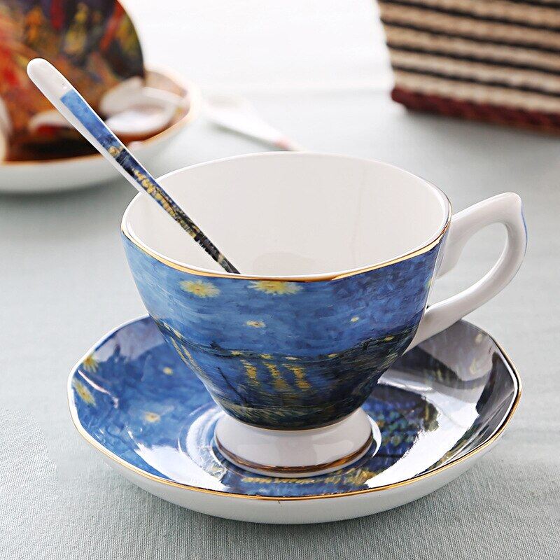 Van Gogh Painting Star Coffee Porcelain Cup and Saucer Set Ceramic Ware Bone China English Afternoon Tea Cup and Dish Spoon Set