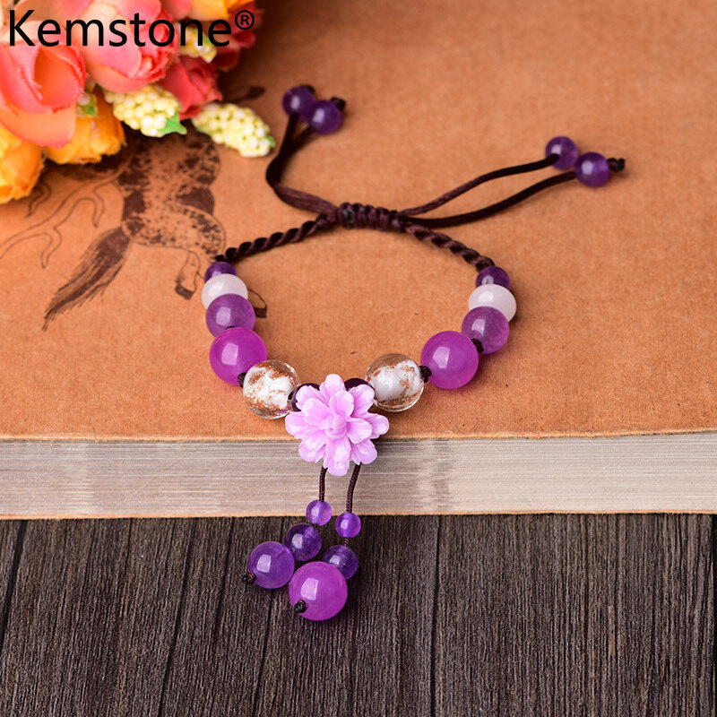 Kemstone Ethnic Style Woven Rope Yellow Purple Agate Beads Flower Bracelet Jewelry Gift for Women Girls