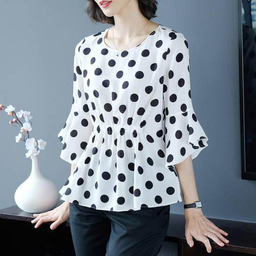 Chiffon shirt wave point female sleeve summer ruffled slim chiffon shirt