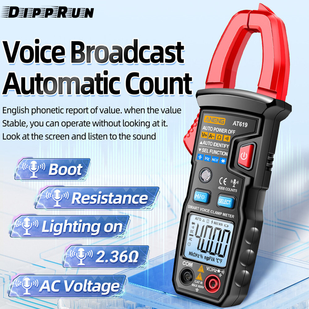 DIPPRUN ANENG AT619 Clamp Meter with Voice Broadcast Multimeter Tester Measures AC/DC Current Voltage Resistance Diodes