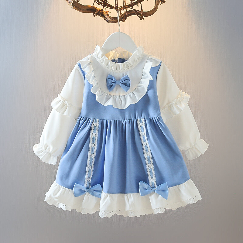 JOJO'S ADVENTURE Girls Lolita Princess Dress child Spring and autumn clothes Western style Baby girl Bowknot long-sleeved dress Kid boom 0-4 years old blue