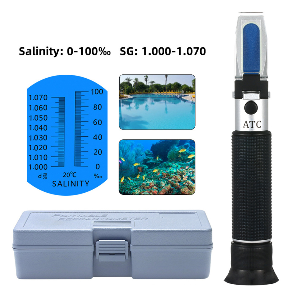 Handheld Salinity Refractometer 0-100‰ 1.000-1.070SG Auto Temp Compensation Salinity Tester for Seawater Aqaurium Fishkeeping