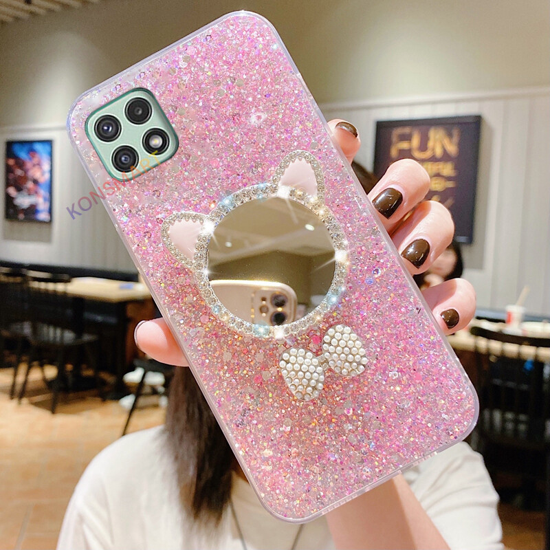 KONSMART Samsung Galaxy A55 A15 A25 A35 A54 A34 A24 A14 A13 A23 A33 A53 A73 A22 5G 4G High Shiny Bling Glitter Phone Case With Cute Make-up Mirror For Samsung Galaxy A72 A52 A32 A42 A12 A71 A51 A11 A12 A20 A30 A50S A02s A03s Soft TPU Back Cover