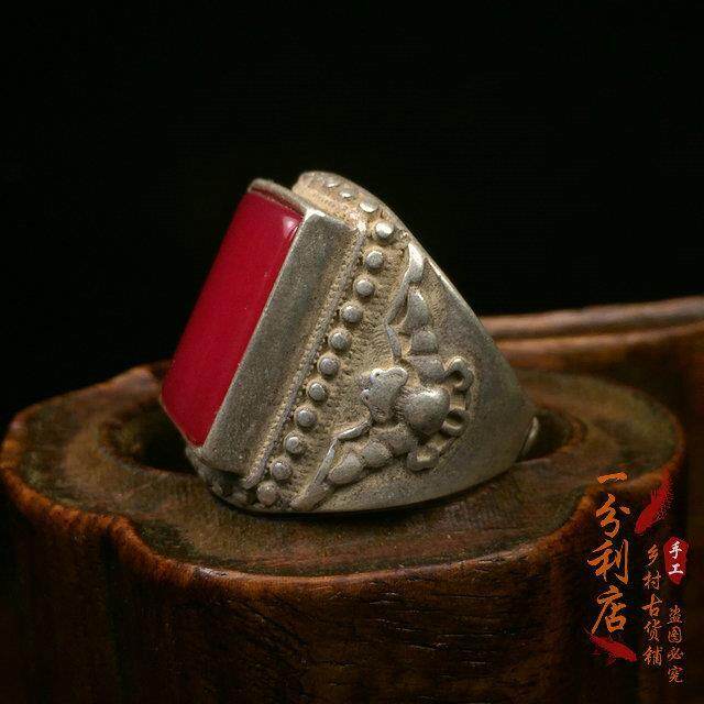 Antique collection Qing Dynasty Ruby square ring holder ring face old silver inlaid Open Silver Ring full silver wrench
